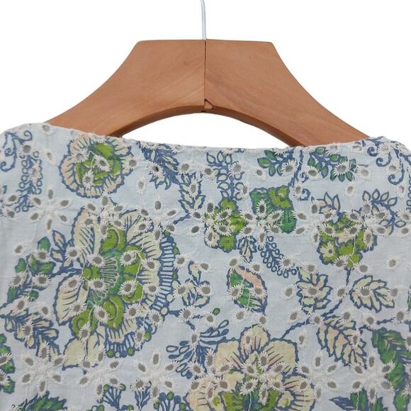 7 For All Mankind Boho Blouse Womens Medium Green Eyelet Embroidered Floral - Picture 9 of 13